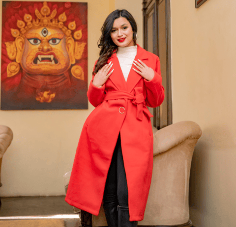 Womens Red Charming Long Sleeve Overcoat With Belt