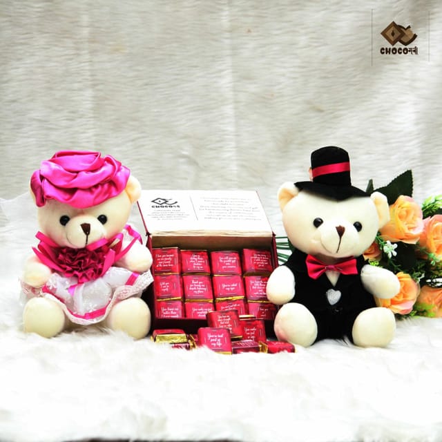 Couple Teddy, Chocolate And Bouquet Combo (No Rose Included)