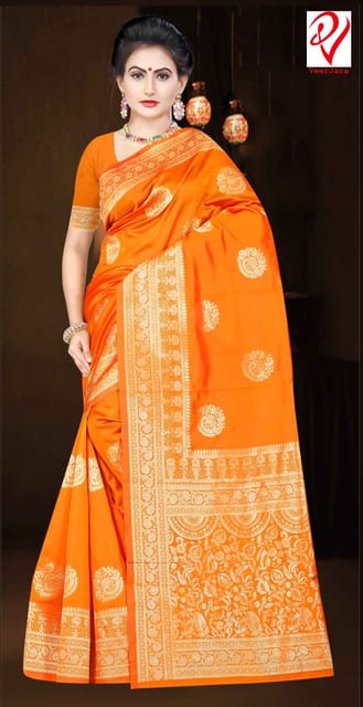 Orange Silk Saree With Blouse For Women
