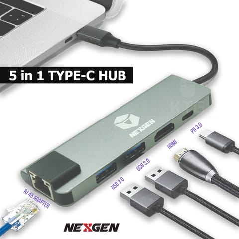 Nexgen USB Type C 5 in 1 HUB Multi 4K HDMI USB 3.0 Power Delivery RJ45 Ethernet Support Apple MacBook Pro iPad & all Laptop