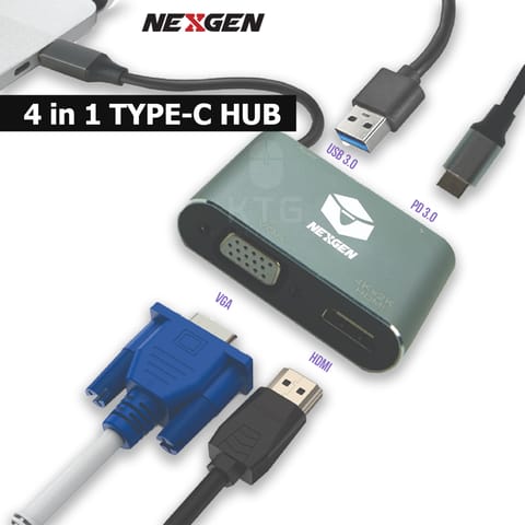 Nexgen USB Type C 4 in 1 HUB Multi 4 High Speed Data Transfer USB3.0  Power Delivery 3.0 4K HDMI VGA Support Apple MacBook Pro iPad & all Laptop