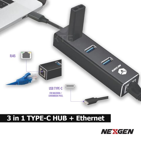 Nexgen USB TYPE C HUB (3 IN 1) + ETHERNET HUB Multi High Speed Data Transfer USB3.0 with RJ45 Ethernet Support Apple MacBook Pro iPad & all Laptop