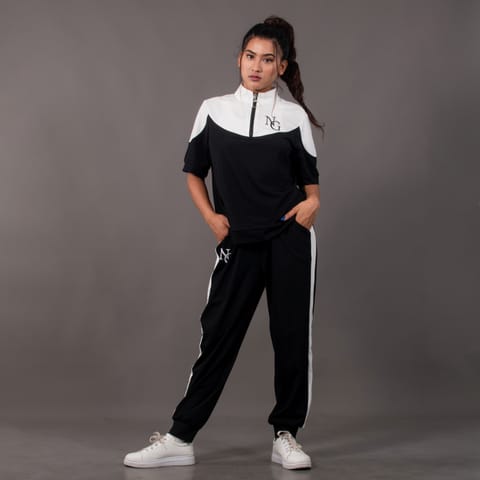Women's Solid Black/white Tracksuit