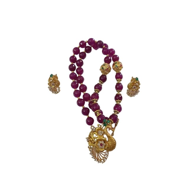 Kalainayam by Aarthi - Maroon Agate Beads with Peacock Pendant