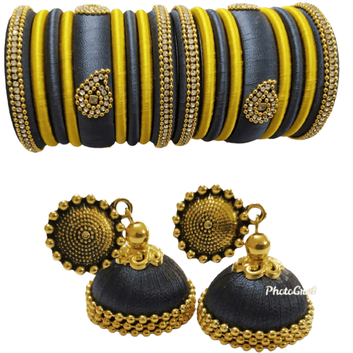 3S Creations - Bangle and Jumkha Design with Black and Golden Thread
