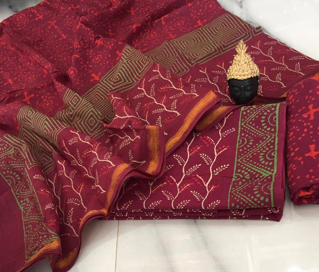 Sri Boutique - Burgandy Shade MULMUL Cotton Hand Block Printed Suit Set