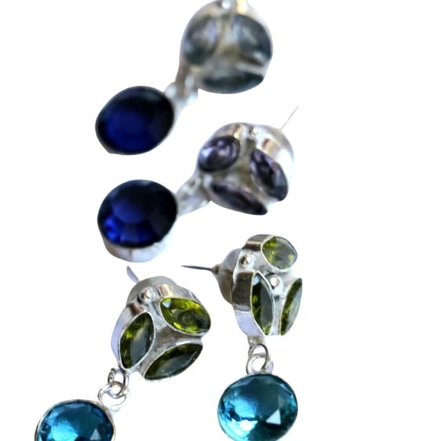 Abarnika- Silver Polished Dual Color Crystal Drops - Green, White & Blue