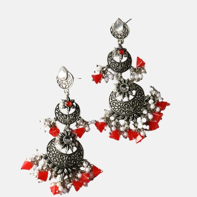 Abarnika- Oxisided Danglers with Red Crystals and Pearls