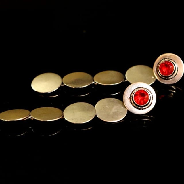 Abarnika- Oxidised coined earrings with red crystal