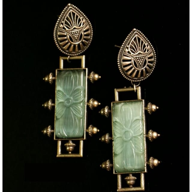 Abarnika- Peacock natural carved stone sliding fusion earring - Green