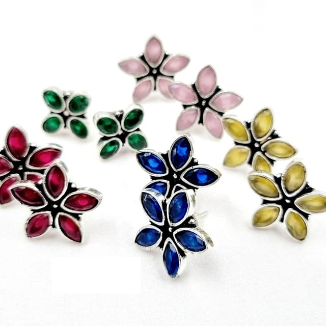 Abarnika- Silver  crystals flower stud Blue,Pink,yellow,Green ,baby pink