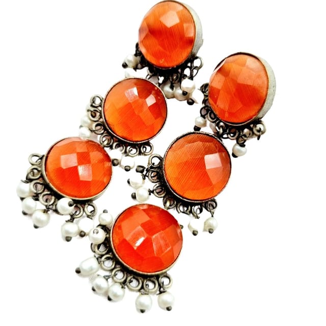 Abarnika- 3-row german silver cyrstal earrings - Orange
