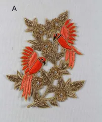 Royally elegant impressive and imperial feel floral brooch style humming birds motif heavy ZariZardosi elements and thread worked party patch