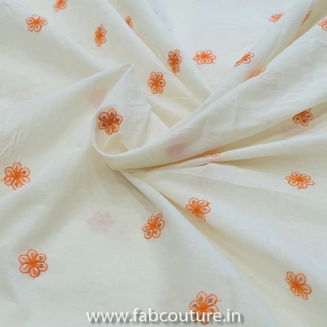 Off-White Cotton with Orange Booti Embroidered Fabric