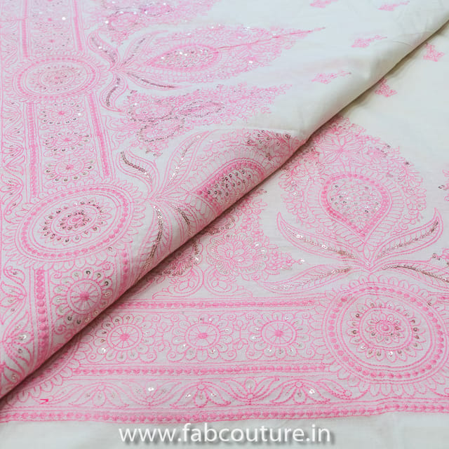 Off-white Cotton with Pink Border Embroidered Fabric