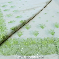 Off-white Cotton with Green Border Embroidered Fabric