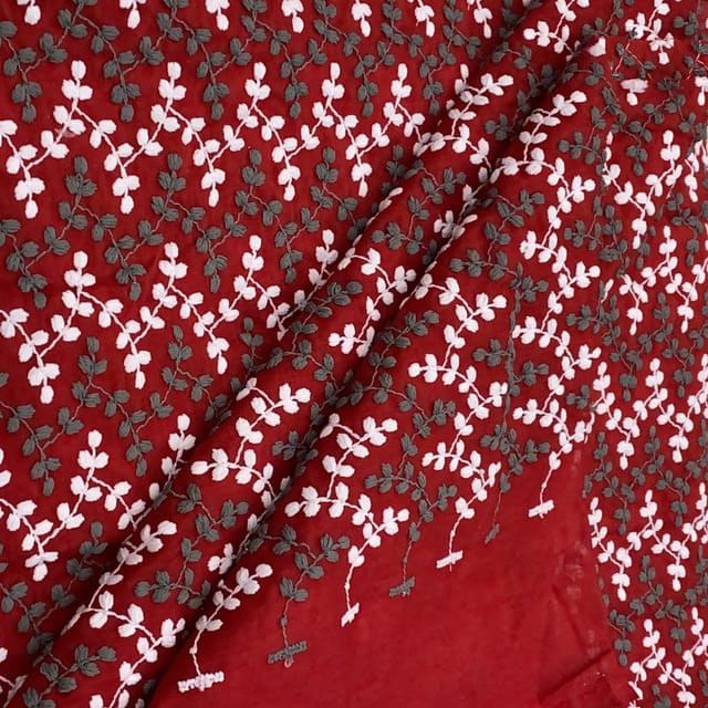 Red Cotton Jaal Embroidered Fabric