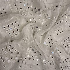 White Coloured Chinon Chiffon Mirror Embroidered Fabric