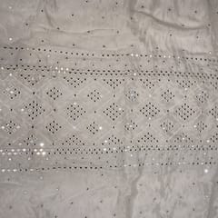 White Coloured Chinon Chiffon Mirror Embroidered Fabric