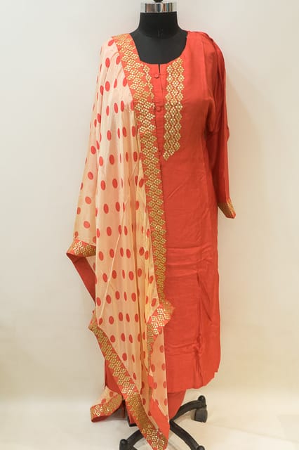 Coral Red Monga Silk Embroidered Suit Set