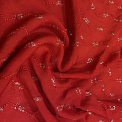 Red  Chinon Embroidered Fabric