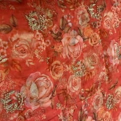 Orangish-Peach Coloured Organza Embroidered Fabric print
