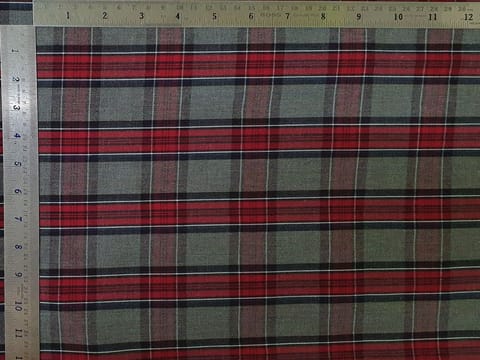 Crimson Red and Melange Grey Yarn Dyed Check Fabric
