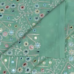 Lime Green Color Poly Georgette Thread and Mirror Embroidered Fabric