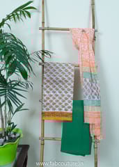 Chanderi Hand Block Printed  Suit With Pure Chiffon dupatta and Cotton Bottom