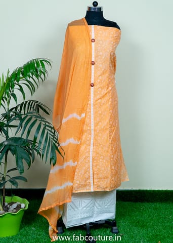 Orange Cotton Printed Suit With Cotton Applique Bottom And Chiffon Dupatta