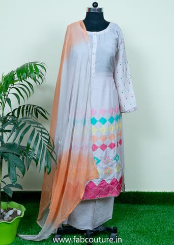 Grey Muslin Embroidered Suit With Shantoon Bottom And Shaded Chiffon Dupatta