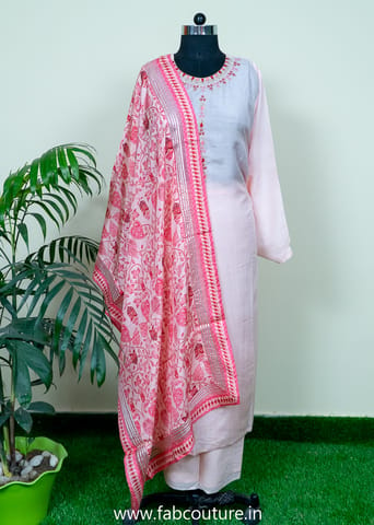 Pink Muslin Embroidered Suit With Cotton Bottom And Printed Muslin Dupatta