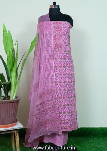 Pink Color Cotton Printed Suit With Cotton Bottom And Printed Chiffon Dupatta