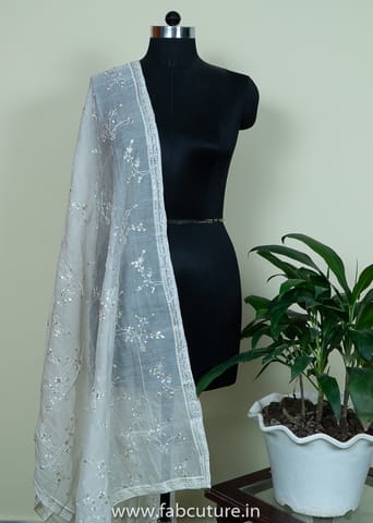 White Dyeable Chanderi Embroidered Dupatta fabric