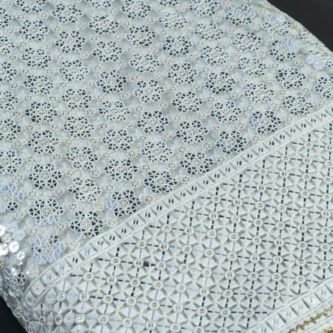 White Dyeable Net Sequins & Faux Mirror Embroidered Fabric