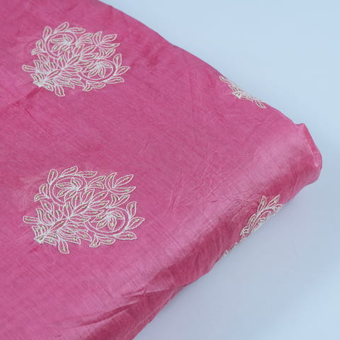 Pink Color Chanderi Thread Embroidered Fabric