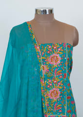 Firozi Color Cotton Hand Work Embroidery Suit With Chiffon Dupatta And Printed Cotton Bottom