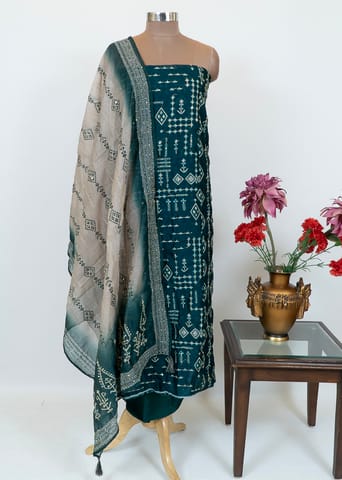 Peacock Green Color Chanderi Kantha Embroidery Suit With Printed Chanderi Dupatta And Cotton Bottom