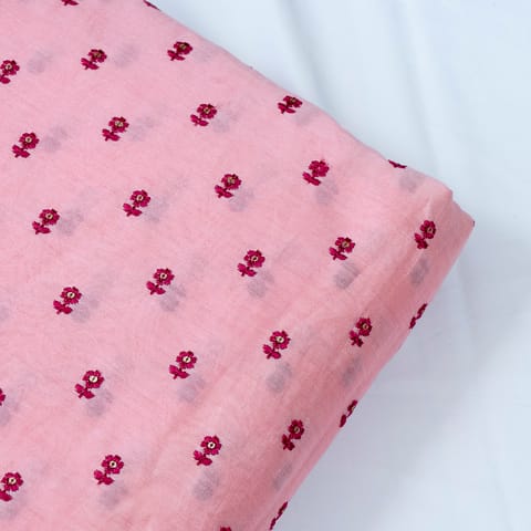 Pinkish Peach Chanderi Thread Embroidered Fabric