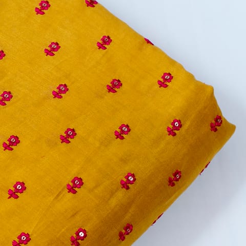 Mustard Chanderi Thread Embroidered Fabric