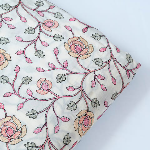 Cream Dola Silk Thread Embroidered Fabric