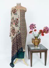 Green Cotton Ajrakh Printed Suit With Printed Chiffon Dupatta And Cotton Bottom