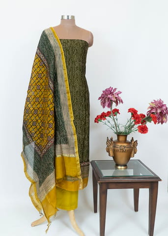 Mehndi Green Chanderi Printed Suit With Printed Chanderi Dupatta And mustard Cotton Bottom