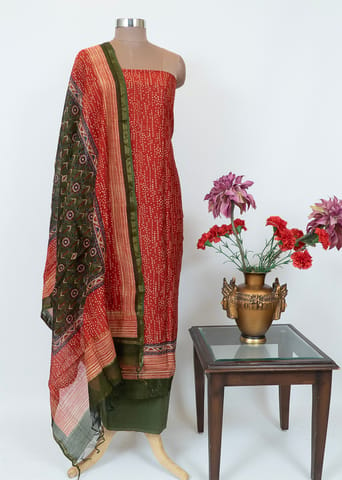 Red Chanderi Printed Suit With Printed Chanderi Dupatta And Green Cotton Bottom
