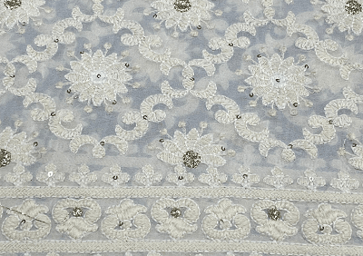White Floral Geometric Embroidered Dyeable Georgette