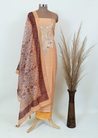 Peach Color Chanderi Printed Suit Set With Chanderi Dupatta