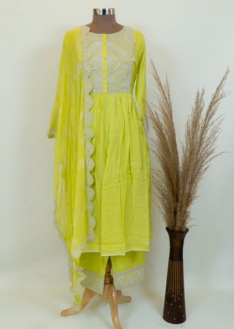 Yellow Color muslin Embroidered Suit With Chiffon Dupatta And Printed Cotton Bottom