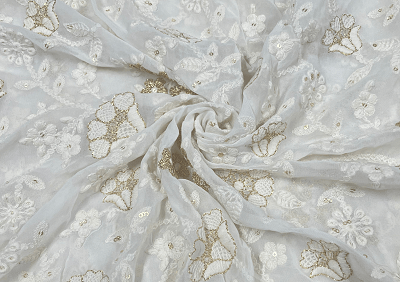 White Golden Floral Motifs Embroidered Dyeable Georgette