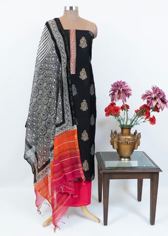 Chanderi Printed Suit With Printed Chanderi Dupatta And Cotton Bottom