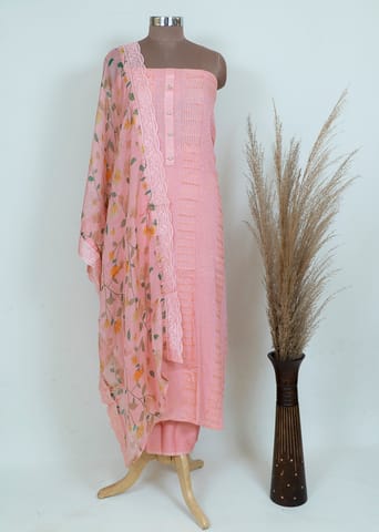 Pink Colo Georgette Embroidered Shirt With Cotton Bottom And Printed Chiffon Dupatta